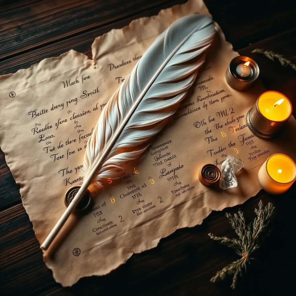 Feather quill resting on aged parchment by candlelight