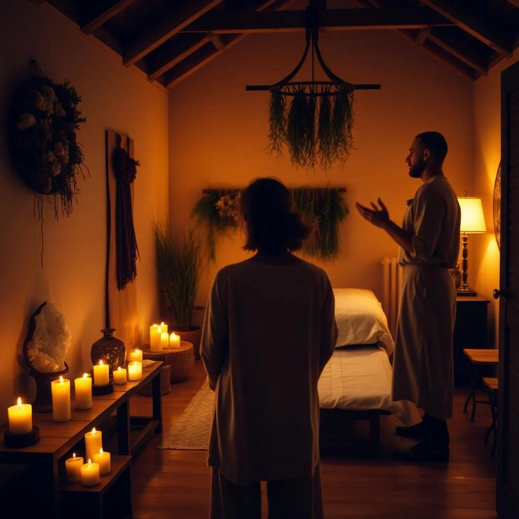 A client stepping into a warm sacred healing room, welcomed by the healer